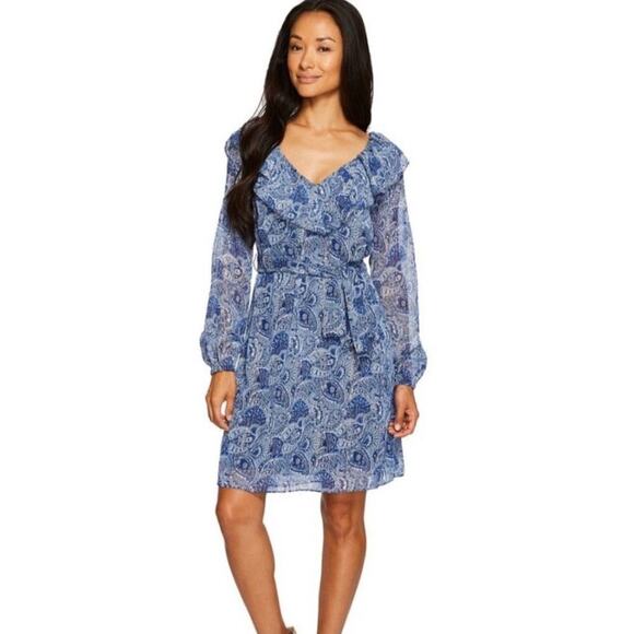 Michael Kors Kinley V-Neck Tie Dress Paisley Blue Large Classy Elegant Boho - Picture 1 of 14